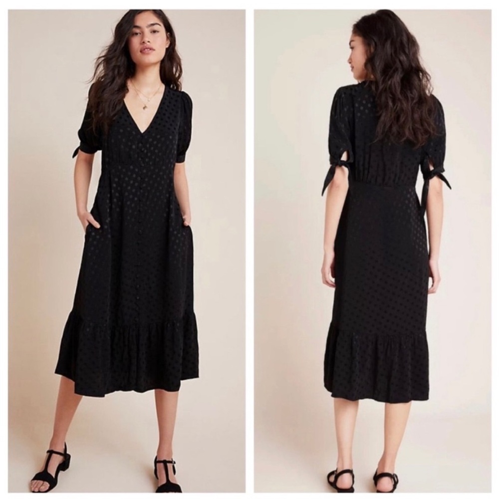 Maeve by Anthropologie Eudora Midi Shirt Dress Black Polka Dot Tie Sleeves